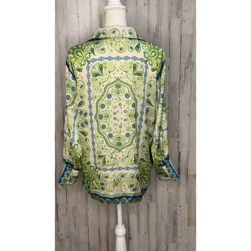 Zara Women's Paisley Print Button-Up Blouse Green Blue Size Small - Picture 4 of 6